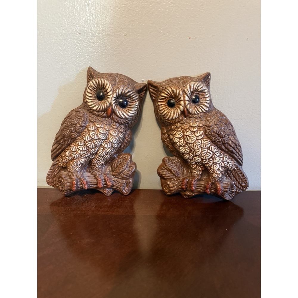 Vtg Owl Wall Decor Set Mid Century Retro Faux‎ Wood Look Hanging Pair